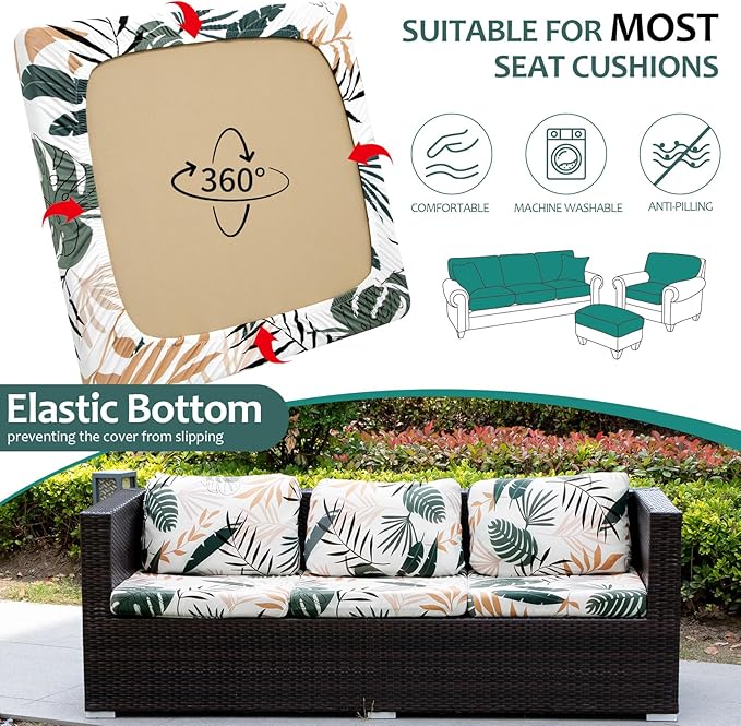 HANDONTIME Modern Plants Outdoor Cushion Covers 8pcs Green Leaves White Couch Cushion Covers Replacement Patio Couch Cover Sofa Cover Indoor Patio Cushion for Outdoor Furniture Washable, Cover Only