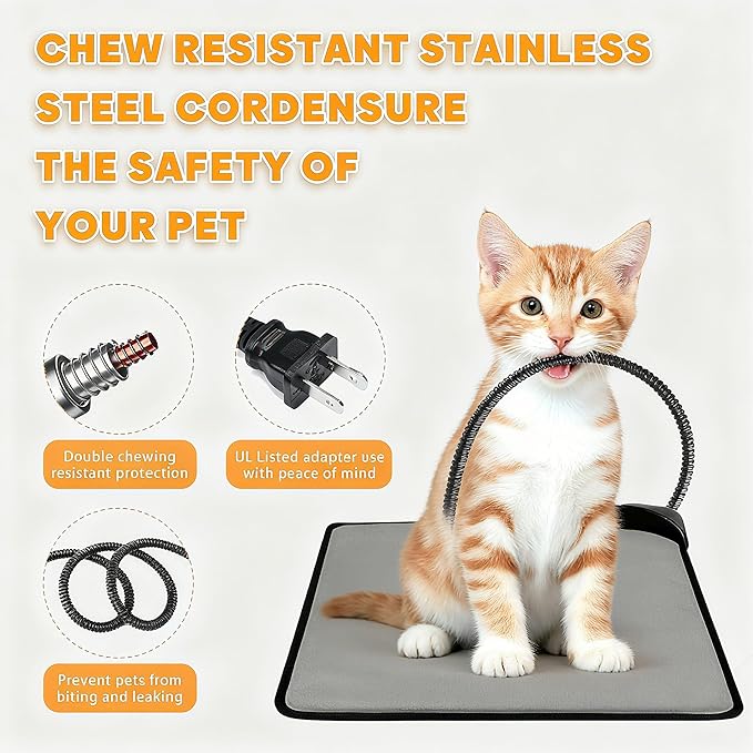 Pet Heating Pad for Cats & Dogs,Safe Electric Cat Warming Pad with Chew Resistant Cord,Automatic Induction Heated Cat Bed,Adjustable Temperature & Time (Camel, 17.7" x 17.7")