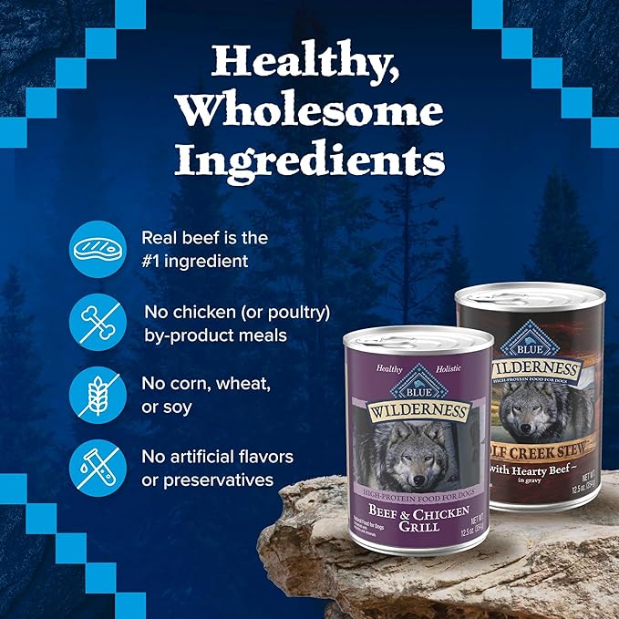 Blue Buffalo Wilderness Beef and Chicken Grill and Wolf Creek Stew Hearty Beef in Gravy Adult Dog Wet Food, 12.5 oz. Cans, 6 Count Variety Pack