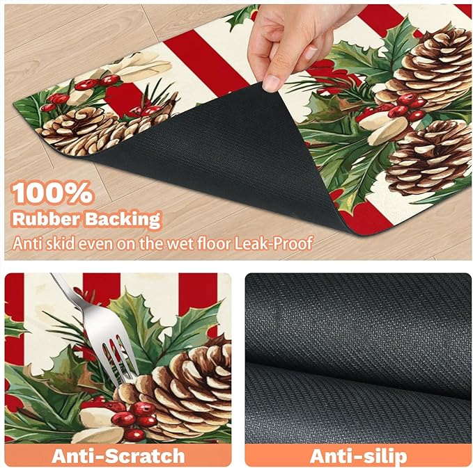 Xmas Pinecone Dog Food Mat for Floors Absorbent, Quick Dry Water Dispenser Mat for Food, Water, Pet Supplies 16" x 24", Christmas Holly