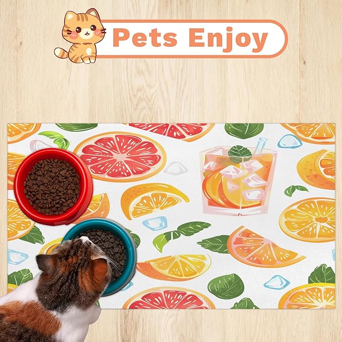 Orange Dog Food Mat for Floors Absorbent Dog Bowl Mat for Food and Water Dispenser Quick Dry Cat Food Placemat Pet Supplies 12" x 20", Summer Drink