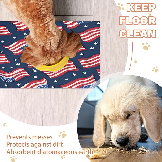 American Flag Dog Food Mat for Floors Absorbent Dog Bowl Mat for Food and Water Dispenser Quick Dry Cat Food Placemat Pet Supplies 12" x 20", Stars Stripes