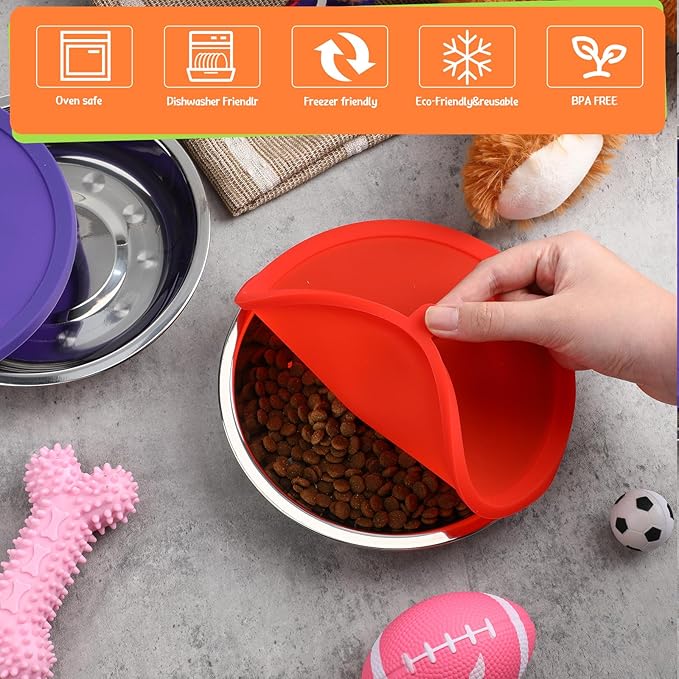 Patelai 4 Pcs Stainless Steel Dog Bowls with Silicone Lids Portable Food and Water Dishes for Pets Sealable Containers for Small Medium Dog Cat Indoor, 6.3 Inch (Red,Purple)
