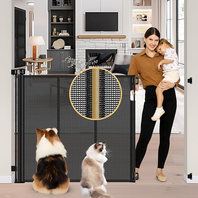 Reinforced 42" Extra Tall Pet Gate 55" Wide Retractable Baby Gate with Support Rods - Retractable Dog Gate Indoor/Outdoor Retractable Gate, Bottom Anti-Escape Tall Dog Gates for Doorways, Black