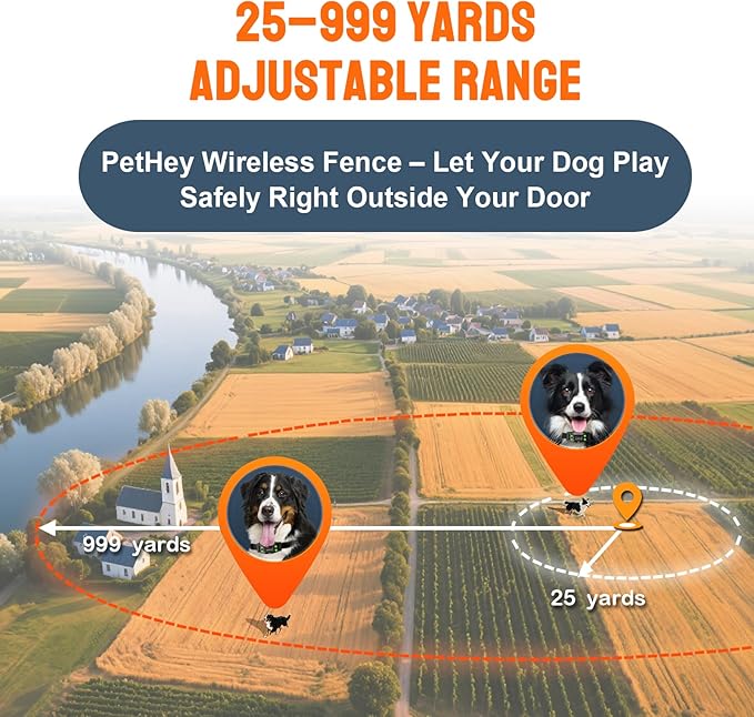 Wireless Dog Fence System. PetHey GPS Dog Collar Fence System,IPX7 Waterproof Collar, 25–999 Yd Adjustable Boundary, Auto Memory Setting,Vibration & Shock Collar for Dogs,Dog Fencing Outdoor for Yard
