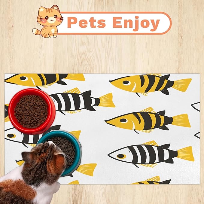Fish Dog Food Mat for Floors Absorbent Dog Bowl Mat for Food and Water Dispenser Quick Dry Cat Food Placemat Pet Supplies 16" x 24", Ocean
