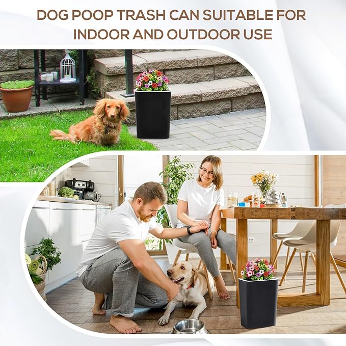Dog Poop Trash Can Outside 3.96 Gal/15 L Plant Styled Dog Waste Trash Can with Lid 50 Pcs Plastic Waste Bags Outdoor Indoor Poop Container Slim Garbage Bin for Yard Garden Pet (Flower Black)
