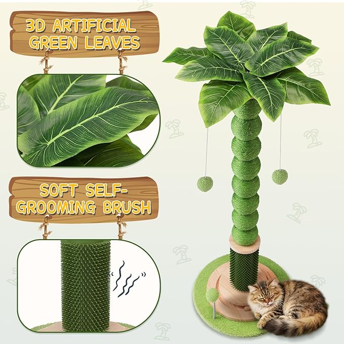 41'' Tall Cat Scratching Post,3.8'' Diameter Sisal Rope Scratcher Ball with Wood Interactive Ball Toy for Indoor Large Cats,Scratcher with 360° Rotating Hanging Ball,Self Groomer Brush for All Cats