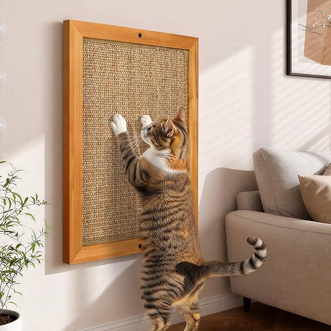 Extra Large Wall Mounted Cat Scratching Post, Wooden Sisal Panel Scratcher, Natural Wood Frame with Durable Sisal Rope Surface for Cats, Protects Furniture from Scratching
