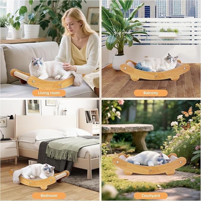 Sisal Cat Scratcher Bed Shaped U, for Indoor Cats, Hammock for Scratching Pad, Large Cat Lounge, Wooden Furniture Protector