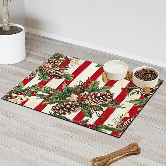 Xmas Pinecone Dog Food Mat for Floors Absorbent, Quick Dry Water Dispenser Mat for Food, Water, Pet Supplies 24" x 32", Christmas Holly
