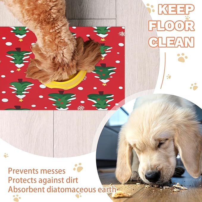 Winter Tree Dog Food Mat for Floors Absorbent, Quick Dry Water Dispenser Mat for Food, Water, Pet Supplies 24" x 32", Christmas Snowflake