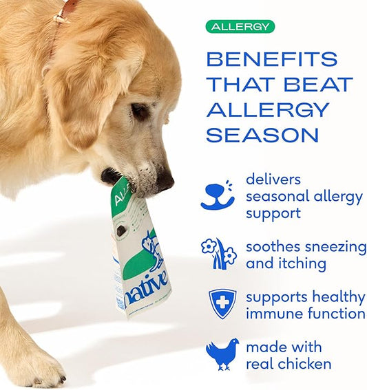 Native Pet Dog Allergy Chews - Dog Allergy Relief with Probiotics and Colostrum for Itchy Skin Relief to Support Seasonal Allergy and Healthy Immune System - All Natural Anti-Histamine - 30 Chews