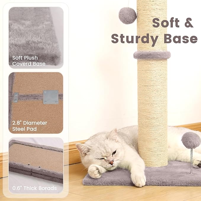 33" Tall Cat Scratching Post, 3-in-1 Durable Sisal Vertical Cat Scratcher Post with Hanging Ball, Soft Fabric Stable Base Cat Scratch Pole for Indoor Cats at All Ages, Light Gray