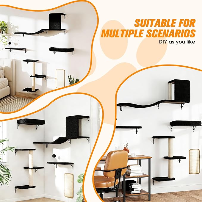 COZIWOW Cat Wall Shelves Set, 5-Piece Wall Mounted Cat Furniture with Cat Tree & Scratching Post, Floating Cat Perches for Indoor Cats（Black）