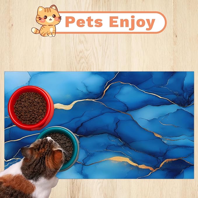 Navy Blue Marble Dog Food Mat for Floors Absorbent, Quick Dry Water Dispenser Mat for Food, Water, Pet Supplies 24" x 32", Marble