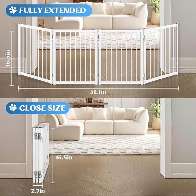 Freestanding Short Dog Gate, 16.5" Tall Small Pet Gate Easily Step Over, Metal Foldable Pet Gate, Up to 51" Wide Puppy Fence, Gate for Stairs and Doorways, Indoor, Outdoor Use, No Drill Pressure Mount