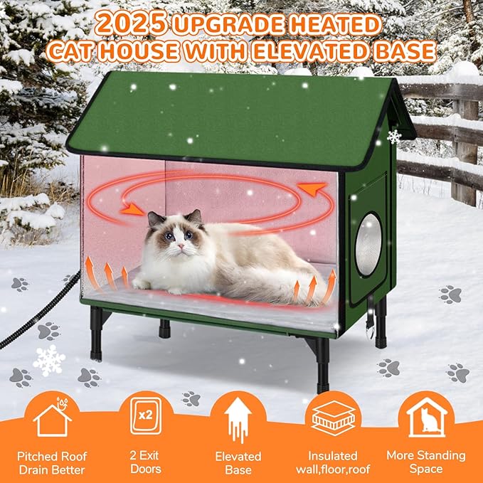 REAPALOT Heated Cat House for Outside Cat in Winter, Insulated Outdoor Feral Cat Shelter with Cat Heating Pad, Elevated Heated Kitty House for Multiple Cats (Green, M(20"x17.5"x23.6"))
