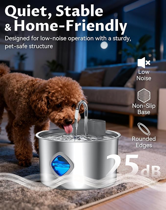 Dog Water Bowl, 3.2L Cordless Dog Water Fountain Bowl, 3 Smart Dispensing Modes, Quad Filtration & Continuous Water Flow, Stainless Steel Easy-to-Clean, Quiet Pump (Rechargeable+4Set Filter)