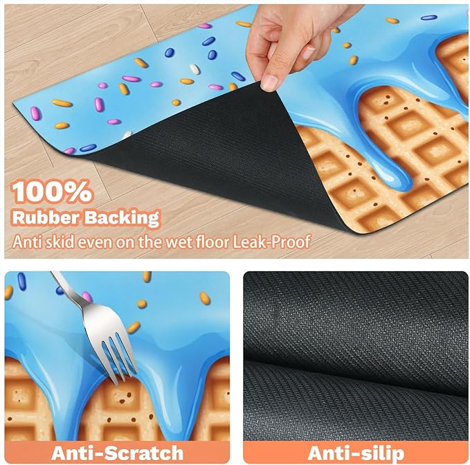 Blue Ice Cream Dog Food Mat for Floors Absorbent Dog Bowl Mat for Food and Water Dispenser Quick Dry Cat Food Placemat Pet Supplies 17" x 30", Waffle