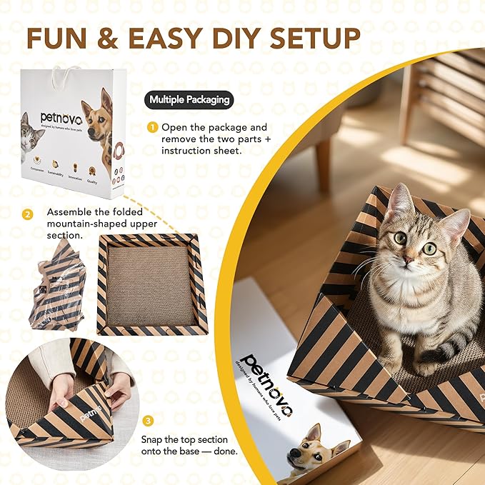 PETNOVO Foldable Cat Bed & House for Travel – Origami Cardboard Cat House with Built-in Honeycomb Scratcher Pad, No-Tools Assembly, FSC-Certified Recyclable, Black, 18.5" L x 18.5" W x 11.8" H