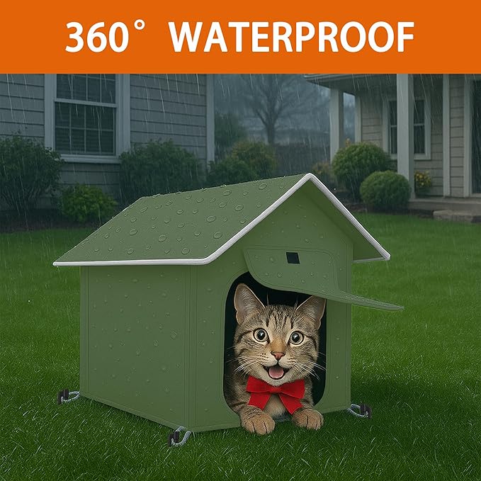 Outdoor Cat House with Cozy Cushion, Waterproof Insulated Cat Houses for Outdoor Cats, Shelter for Feral Pet Outside, Design for All Weather, Green