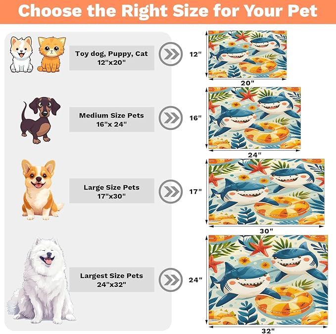 Cute Shark Dog Food Mat for Floors Absorbent Dog Bowl Mat for Food and Water Dispenser Quick Dry Cat Food Placemat Pet Supplies 16" x 24", Ocean