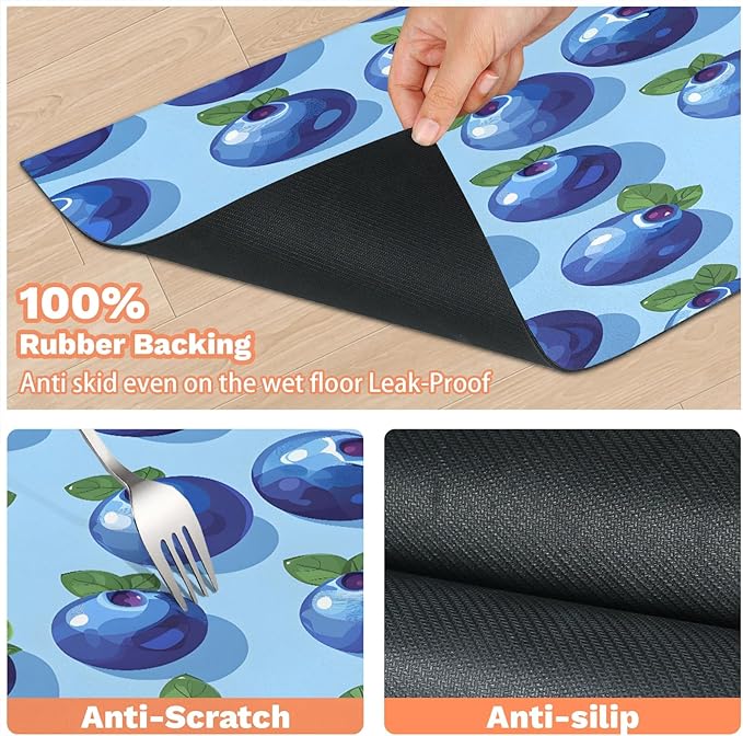 Blueberries Dog Food Mat for Floors Absorbent Dog Bowl Mat for Food and Water Dispenser Quick Dry Cat Food Placemat Pet Supplies 24" x 32", Blue Fruit