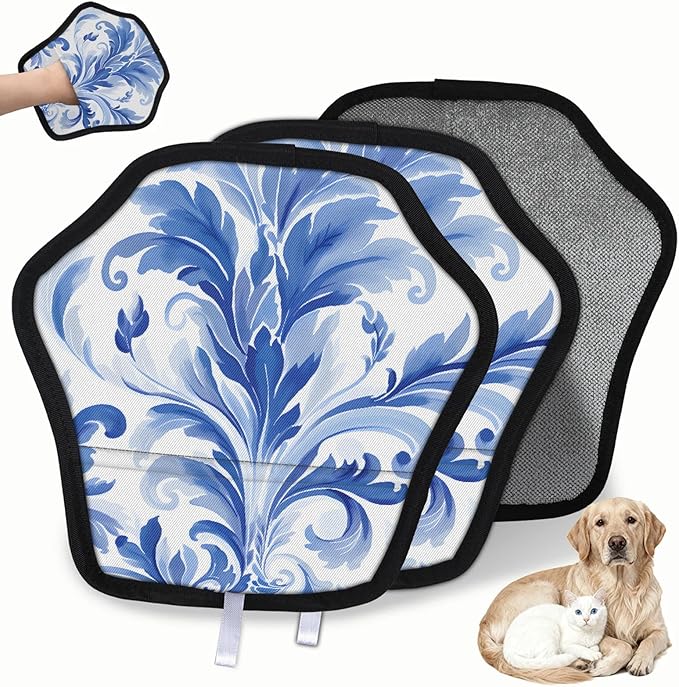 Blue Floral Style Electrostatic Pet Hair Removal Glove for Cats & Dogs - Reusable Grooming Mitt for Couch, Carpet, Car Seat & Laundry - Large 9x9 Inch