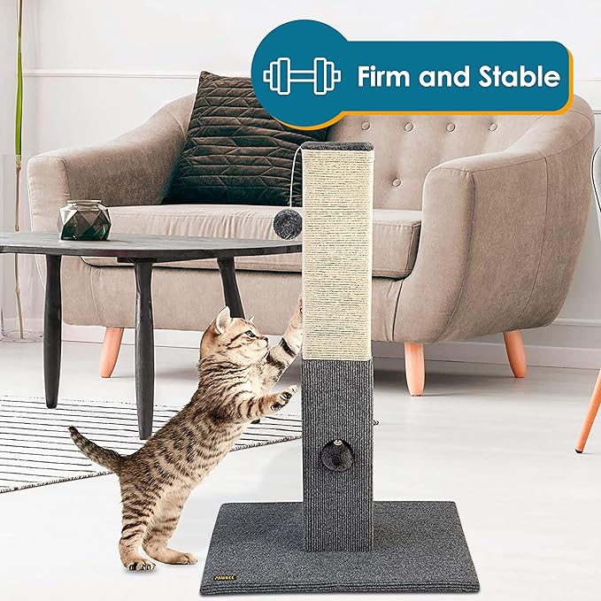 Pawbee 32" Cat Scratching Post with Jingle Bell and Softball, Sisal Rope Tower for Indoor Adults Large Cats, Gray & Beige