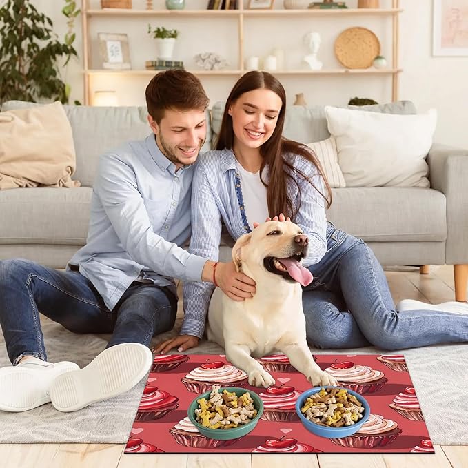 Cup Cake Dog Food Mat for Floors Absorbent Dog Bowl Mat for Food and Water Dispenser Quick Dry Cat Food Placemat Pet Supplies 12" x 20", Cherry Print