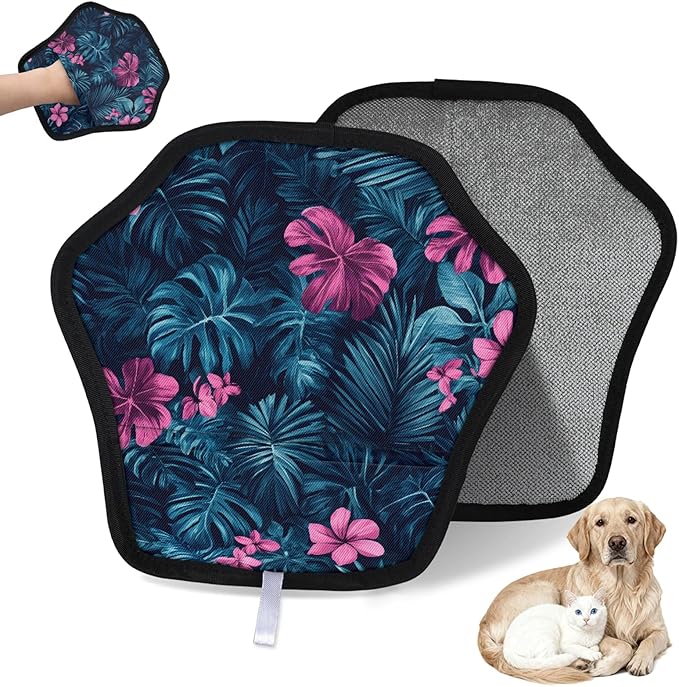 Flower Palm Leaf Electrostatic Pet Hair Removal Glove for Cats & Dogs - Reusable Grooming Mitt for Couch, Carpet, Car Seat & Laundry - Large 9x9 Inch