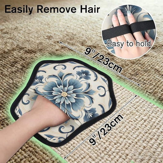 Blue Floral Electrostatic Pet Hair Removal Glove for Cats & Dogs - Reusable Grooming Mitt for Couch, Carpet, Car Seat & Laundry - Large 9x9 Inch
