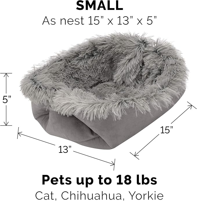 Furhaven Self-Warming Cat Bed for Indoor Cats, 4-Beds-in-1 & Washable - Plush Long Faux Fur Convertible Cuddler - Gray, Small (Pack of 2)