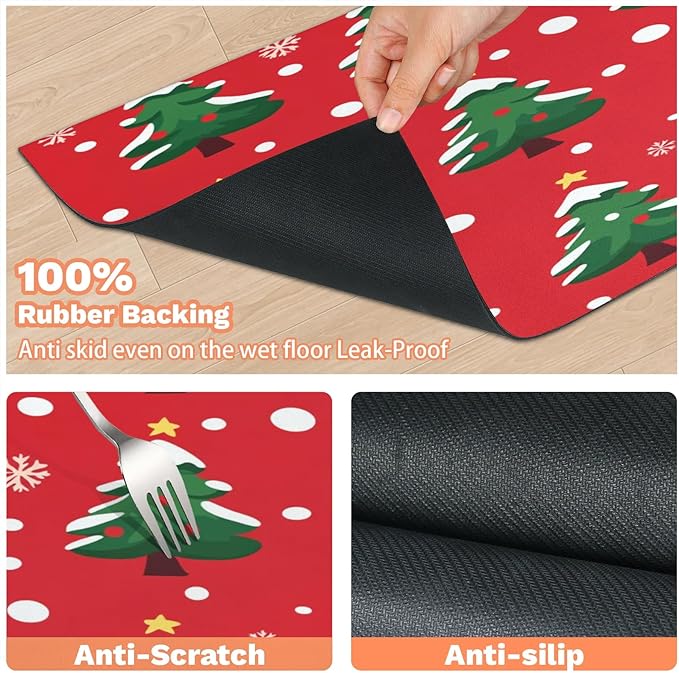 Winter Tree Dog Food Mat for Floors Absorbent, Quick Dry Water Dispenser Mat for Food, Water, Pet Supplies 17" x 30", Christmas Snowflake