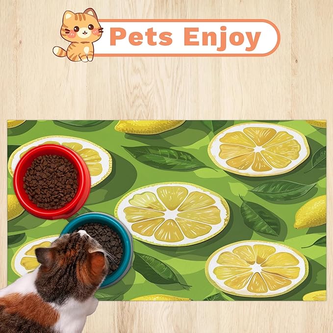 Lemon Slices Dog Food Mat for Floors Absorbent Dog Bowl Mat for Food and Water Dispenser Quick Dry Cat Food Placemat Pet Supplies 12" x 20", Summer Fruit
