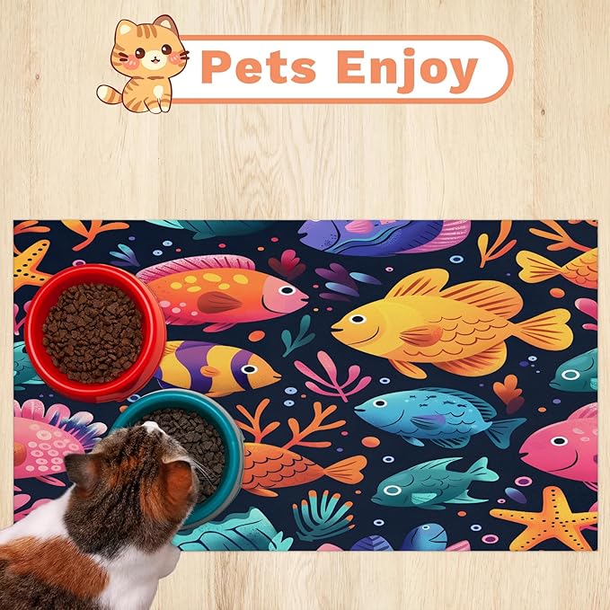 Fish Dog Food Mat for Floors Absorbent Dog Bowl Mat for Food and Water Dispenser Quick Dry Cat Food Placemat Pet Supplies 16" x 24", Coral