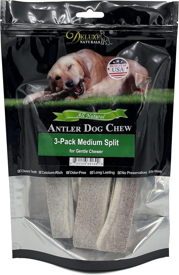 3 Pieces Medium Split Elk Antler Dog Chew (5.5 to 7 inches) – All Natural, Premium Grade A, Odor-Free, USA-Sourced – Long-Lasting Dental Treats for Small Dogs Under 35 lbs