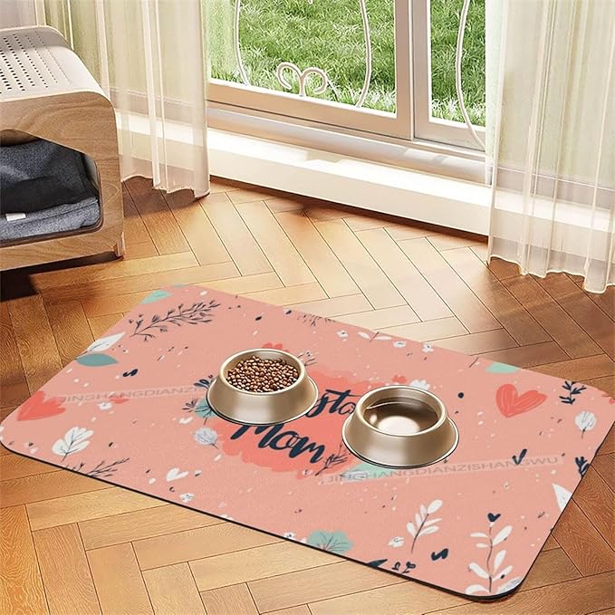Pet Feeding Mat for Dogs Cats Happy Mother's Day Floral Gift for Mom Bt Absorbent Dog Food Mat Non-Slip Waterproof Placemat Quick Dry Pet Supplies Bowl Mats