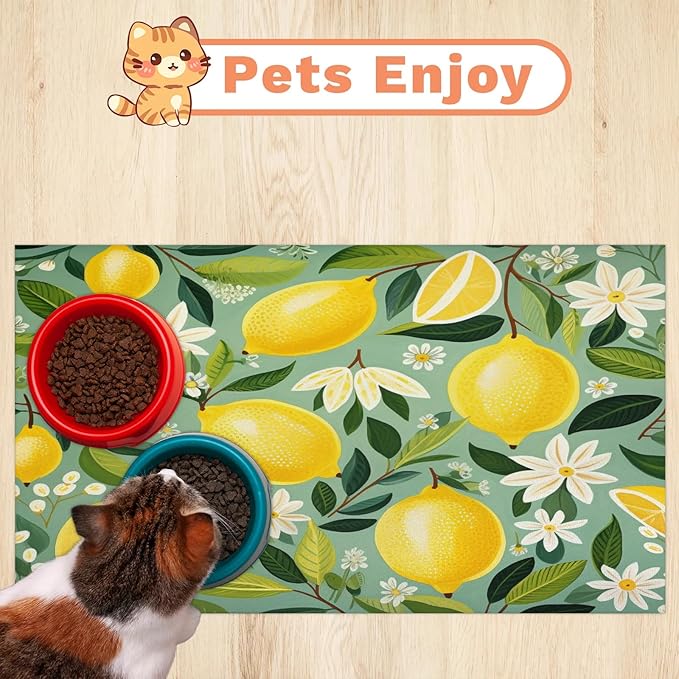 Lemon Dog Food Mat for Floors Absorbent Dog Bowl Mat for Food and Water Dispenser Quick Dry Cat Food Placemat Pet Supplies 24" x 32", Green Leaves Plant