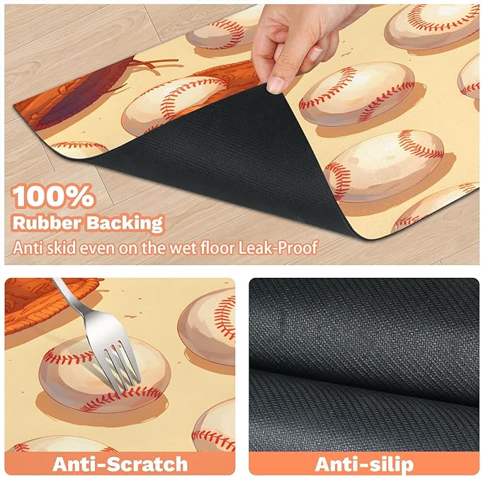 Baseball Dog Food Mat for Floors Absorbent, Quick Dry Water Dispenser Mat for Food, Water, Pet Supplies 17" x 30", Sports Theme