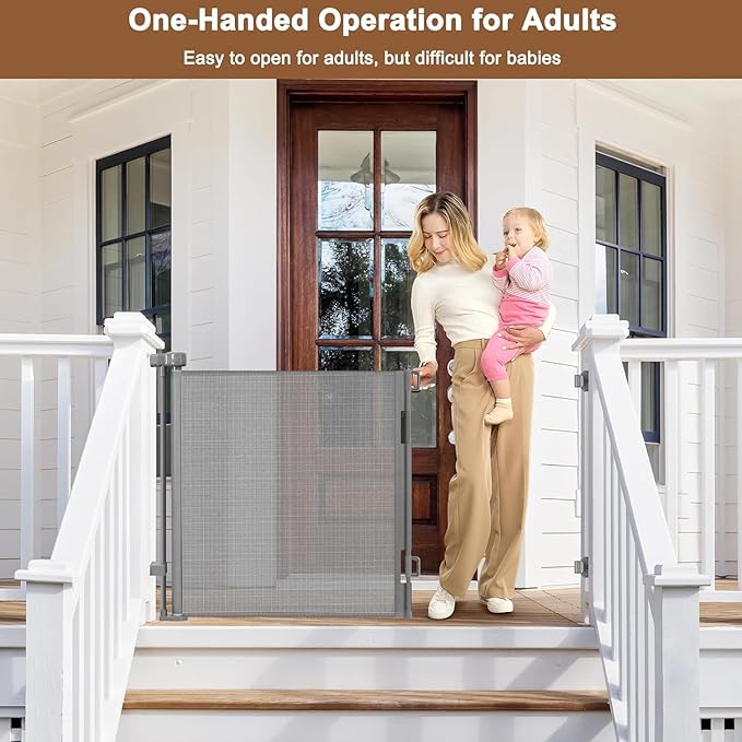 100" Wide Weatherproof Outdoor Retractable Dog Gate with No Rust Screws and Rods, Waterproof 8 Ft Retractable Baby Gates Extra Wide, Scratch-Resistant Mesh Long Baby Gates Indoor Extra Long, Gray