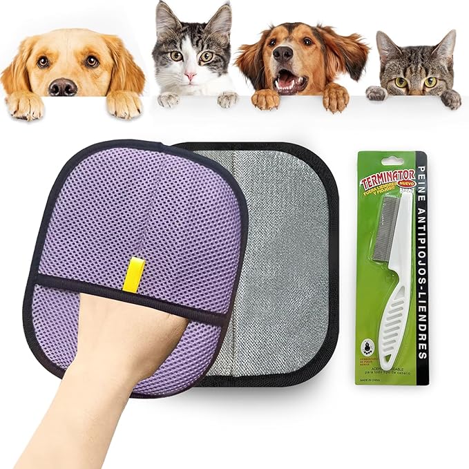2pcs Set Pet Hair Remover Glove, Grooming Gloves for Dogs and Cats,Reusable Cat & Dog Hair Remover for Couch Furniture+Free Comb (Purple)