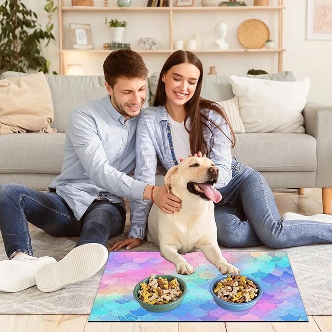 Mermaid Scales Dog Food Mat for Floors Absorbent Dog Bowl Mat for Food and Water Dispenser Quick Dry Cat Food Placemat Pet Supplies 17" x 30", Pink Blue Ocean