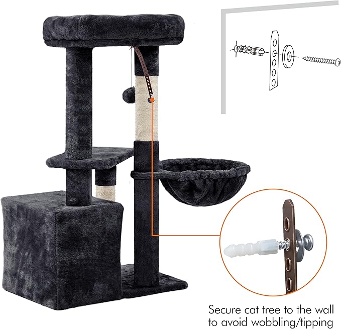 Yaheetech 34.5in Scratching Post, Cat Scratchers for Indoor Cats and Kittens, Multifunctional Activity Post w/Sisal Rope＆Dangling Ball＆Large Condo, Black