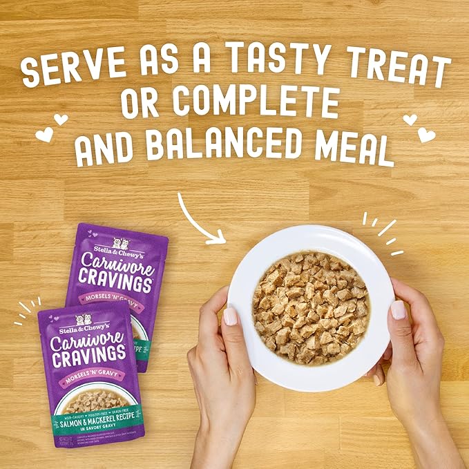 Stella & Chewy's Carnivore Cravings Wet Cat Food Pouches - Premium Salmon & Mackerel Recipe - Grain-Free Morsels & Gravy - Perfect for Picky Eaters - Complete Meal or Topper - 2.8oz, 12-Pack