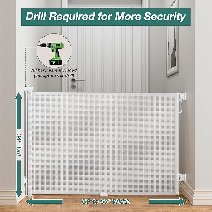 Babepai Retractable Baby Gates Extra Wide | 55" Wide x 34" Tall Dog Gates for Stairs | Indoor/Outdoor Use | Child Gates for Doorways, Deck, Porch, Hallways, Patio - White