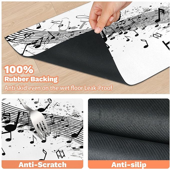 Music Notes Dog Food Mat for Floors Absorbent Dog Bowl Mat for Food and Water Dispenser Quick Dry Cat Food Placemat Pet Supplies 16" x 24", Black White