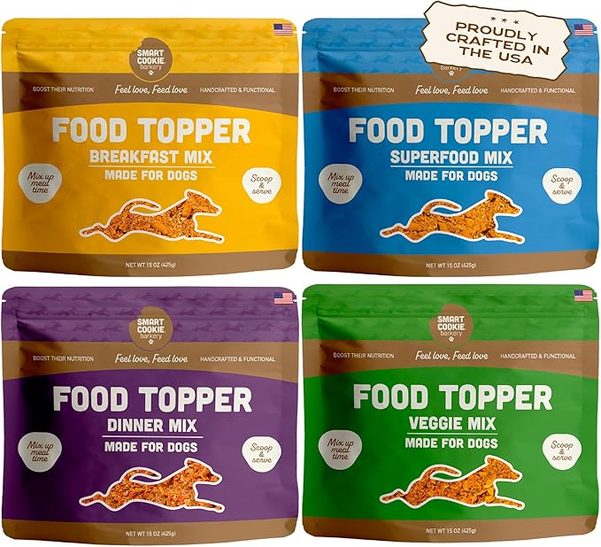 Smart Cookie Natural Dog Food Topper - Variety Pack - Dog Meal Mixer for All Ages - Food Topper for Picky Eaters and Boosting Nutrition - Includes Egg, Beef, Veggie & Salmon - 15 oz Each (4 Pack)