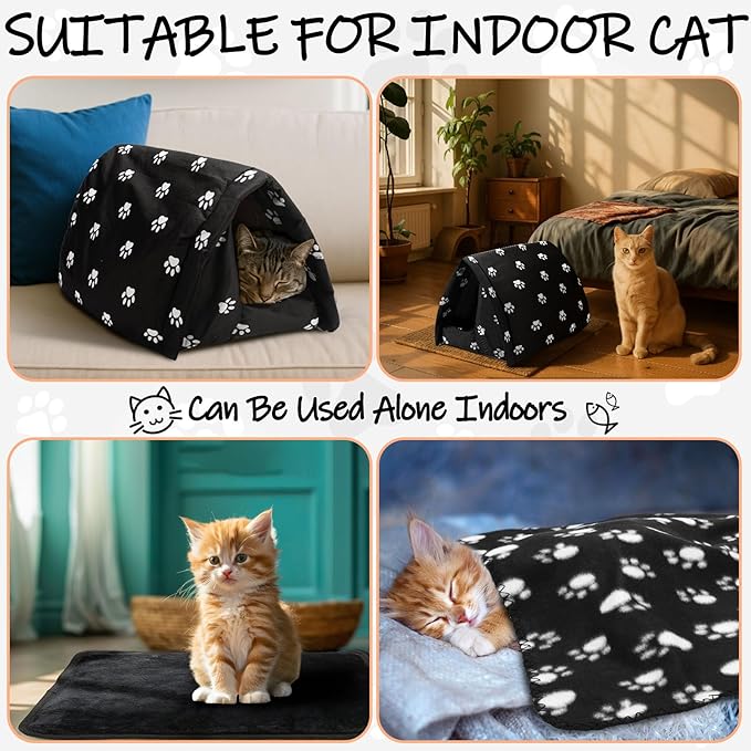 Winter Outdoor Cat House with Self Warming Pad Blanket 17'' x 12'' Weatherproof Foldable Feral Cat Shelter Waterproof Outside Warm Bed Cave Tent for Dogs Puppy Wild Animal Indoor Home